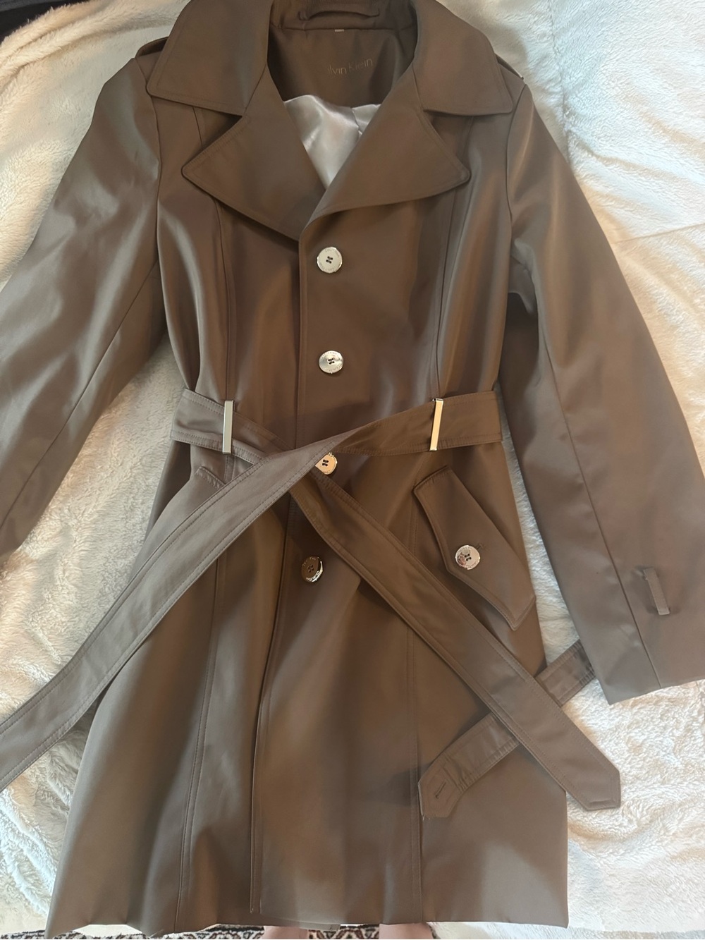 Calvin Klein Taupe Trench Coat with Belt and Buttons